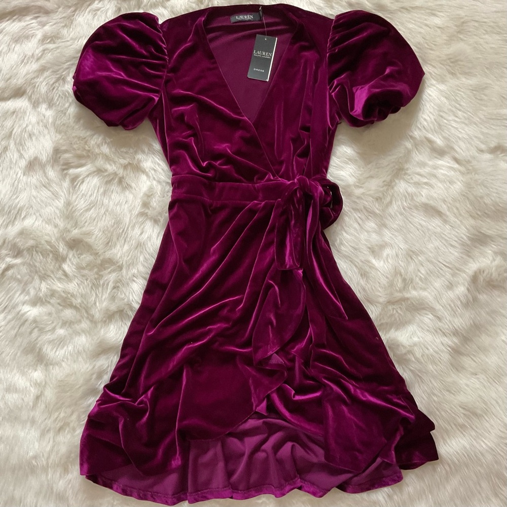 ✨️SALE✨️ LAUREN by RALPH LAUREN Cranberry Velvet Ruffle Full Wrap Tie Dress NWT